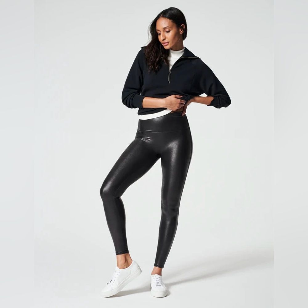 Spanx Women’s Size Large Black Faux Leather Tummy Control Mid Rise Leggings
